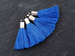 Mini Blue Tassels, Cobalt Blue, Mini Tassels, Tassel Charms, Earring Tassel, Bracelet Tassel, Fringe, Antique Silver Plated Cap, 26mm 4pc