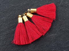 Mini Red Tassels with Gold Cap, Cotton Tassel Pendant Charms, Earring Tassel, Bracelet Tassel, Fringe, 22k Matte Gold Plated 26mm 4pc