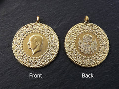 Gold Medallion Pendant, Gold Coin Pendant, Large Medallion, Round Coin Pendant, Rustic Coin, Side Facing Loop, 22k Matte Gold 1pc