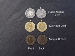 Coin Pendant Charm, Medallion Pendant, Large Medallion, Rustic Replica Coin, Side Facing Loop, Antique Bronze, 1pc