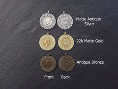 Gold Medallion Pendant, Gold Coin Pendant, Large Medallion, Round Coin Pendant, Rustic Coin, Side Facing Loop, 22k Matte Gold 1pc