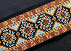 Ethnic Ribbon, Geometric, Diamond, Brown, Blue, Orange, Woven, Embroidered, Jacquard Trim, 100mm Wide - 1 Meter or 3.3 Feet or 1.09 Yards