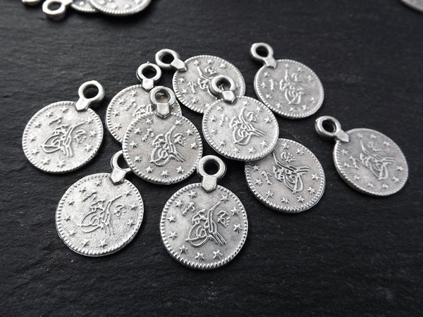 Silver Coin Charms, Large Round Coins, Replica Coins, Turkish Coin Charms, Silver Coins, Tughra Detail, Bohemian, Matte Silver Plated 10pcs