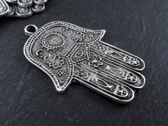 Hamsa Pendant, Silver Hamsa, Large Hamsa, Evil Eye, Fish, Flower, Motif, Hamsa Hand, Hand of Fatima, Hamsa, Boho, Matte Antique Silver, 1PC