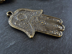 Hamsa Pendant, Bronze Hamsa, Large Hamsa, Evil Eye, Fish, Flower, Motif, Hamsa Hand, Hand of Fatima, Hamsa, Boho, Antique Bronze Plated, 1PC