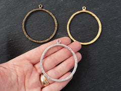 Round Circle Hoop Pendant, Silver Minimalist Loop Connector Link, Organic Texture, 53mm, Antique Silver Plated 1pc