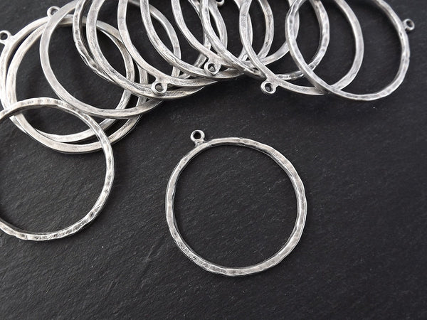 Round Circle Hoop Pendant, Silver Minimalist Loop Connector Link, Organic Texture, 53mm, Antique Silver Plated 1pc