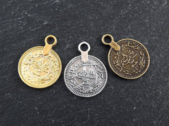 Gold Coin Charms, Turkish Pendant Ethnic Replica Medallio Coins, Rustic 17mm Coin, 22k Matte Gold Plated 8pcs