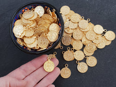 Gold Coin Charms, Turkish Pendant Ethnic Replica Medallio Coins, Rustic 17mm Coin, 22k Matte Gold Plated 8pcs