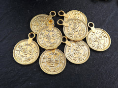 Gold Coin Charms, Turkish Pendant Ethnic Replica Medallio Coins, Rustic 17mm Coin, 22k Matte Gold Plated 8pcs