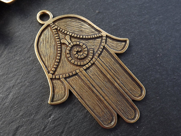 Hamsa Pendant, Bronze Hamsa, Large Hamsa, Swirl, Hamsa Hand, Hand of Fatima, Hamsa, Boho, Hand Pendant, Large Pendant, Antique Bronze, 1PC