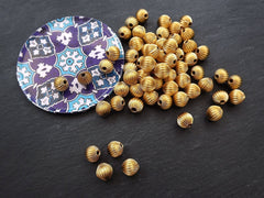 Gold Corrugated Bead Spacers, Large Round Lightweight Hollow Bead, Ribbed Bead, Fluted, 12mm, 22k Matte Gold Plated 4pc