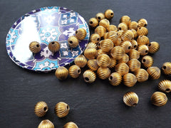 Gold Corrugated Bead Spacers, Large Round Lightweight Hollow Bead, Ribbed Bead, Fluted, 12mm, 22k Matte Gold Plated 4pc