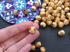 Gold Corrugated Bead Spacers, Large Round Lightweight Hollow Bead, Ribbed Bead, Fluted, 12mm, 22k Matte Gold Plated 4pc