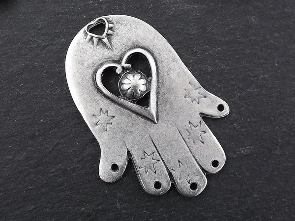 Large Hamsa Pendant, Silver Hamsa Hand, Hand of Fatima, Heart Detail, Antique Silver, 1PC