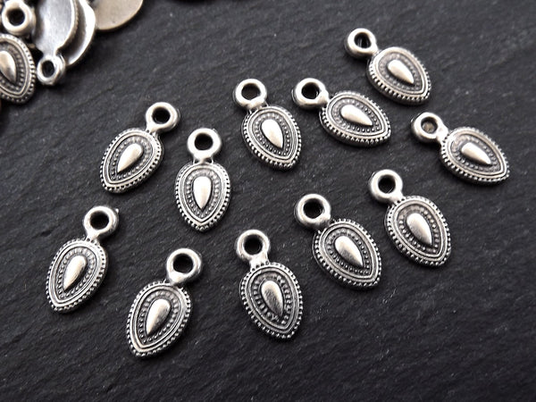 Silver Teardrop Charms, Silver Charms, Ethnic Charms, Mini Silver Charms, Bracelet Charms, Tribal Charms, 14mm, Antique Silver Plated 15pcs