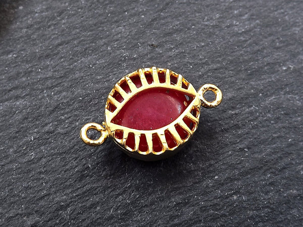 Red Evil Eye Charm, Evil Eye Connector, Jade Stone, Caged, Lucky, Protective, Turkish Evil Eye, Greek Eye, Horizontal, 22k Matte Gold Plated