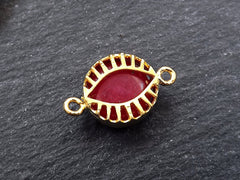 Red Evil Eye Charm, Evil Eye Connector, Jade Stone, Caged, Lucky, Protective, Turkish Evil Eye, Greek Eye, Horizontal, 22k Matte Gold Plated