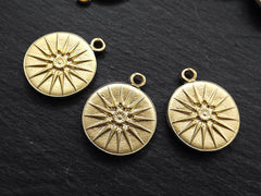 Gold Greek Vergina Sun Coin Pendant Charm, Ancient Macedonian Star Royal Symbol, Argead Star, Greek Sunburst Flower, 22k Matte Gold 3pc