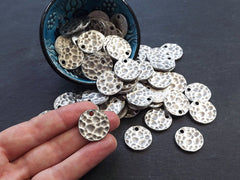 Hammered Coin Disc Charms, Small Round Pendant, Antique Silver Plated - 3pc