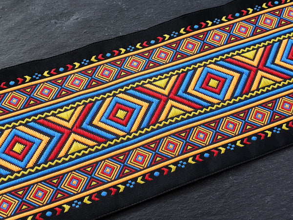 Ethnic Ribbon, Geometric, Orange, Red, Blue, Black, Thick Ribbon, Embroidered, Jacquard Trim, 100mm Wide - 1 Meter or 3.3 Feet or 1.09 Yards