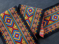 Ethnic Ribbon, Geometric, Orange, Red, Blue, Black, Thick Ribbon, Embroidered, Jacquard Trim, 100mm Wide - 1 Meter or 3.3 Feet or 1.09 Yards