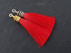 Red Tassel Pendant, Red Thread Tassel, Red Tassel, Tiered Cap, Red Silk Tassel, Boho, Antique Silver Plated Cap - 76mm = 3 inches - 1 pc