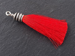 Red Tassel Pendant, Red Thread Tassel, Red Tassel, Tiered Cap, Red Silk Tassel, Boho, Antique Silver Plated Cap - 76mm = 3 inches - 1 pc