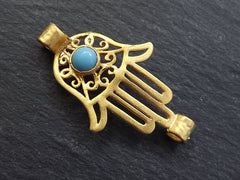 Gold Hamsa Pendant, Hamsa Connector, Hand of Fatima, Blue Hamsa Pendant, Hand Connector, Pale Blue Glass, 22k Matte Gold Plated 1pc