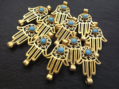 Gold Hamsa Pendant, Hamsa Connector, Hand of Fatima, Blue Hamsa Pendant, Hand Connector, Pale Blue Glass, 22k Matte Gold Plated 1pc