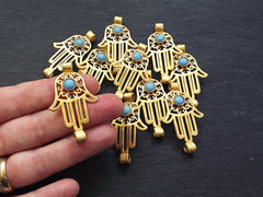 Gold Hamsa Pendant, Hamsa Connector, Hand of Fatima, Blue Hamsa Pendant, Hand Connector, Pale Blue Glass, 22k Matte Gold Plated 1pc