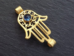 Gold Hamsa Pendant, Hamsa Connector, Hand of Fatima, Blue Hamsa Pendant, Hand Connector, Translucent Blue Glass, 22k Matte Gold Plated 1pc