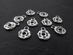 Silver Loop Charms, Mini Loop Charms, Ring Charms, Silver Coin Charms, Disc Charms, Bracelet Charms, Hammered, Antique Silver Plated, 10pc