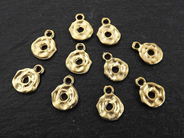 Gold Loop Charms, Mini Loop Charms, Ring Charms, Gold Coin Charms, Disc Charms, Bracelet Charms, Hammered, 22K Matte Gold Plated, 10pc