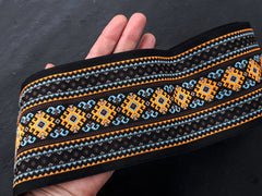 Folk Ribbon, Orange, Brown, Blue, Black, Thick Ribbon, Embroidered, Jacquard Trim, Bohemian, 100mm Wide - 1 Meter or 3.3 Feet or 1.09 Yards