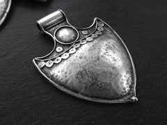 Large Tribal Pendant, Shield Pendant, Large Ethnic Pendant, Statement Pendant, Artisan Jewelry, Silver Tribal Pendant, Antique Silver