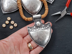 Large Tribal Pendant, Shield Pendant, Large Ethnic Pendant, Statement Pendant, Artisan Jewelry, Silver Tribal Pendant, Antique Silver