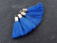 Mini Blue Tassels, Cobalt Blue, Mini Tassels, Tassel Charms, Earring Tassel, Bracelet Tassel, Fringe, Antique Silver Plated Cap, 26mm 4pc