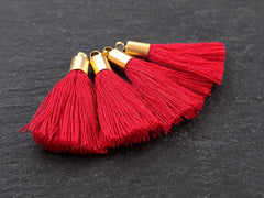 Mini Red Tassels with Gold Cap, Cotton Tassel Pendant Charms, Earring Tassel, Bracelet Tassel, Fringe, 22k Matte Gold Plated 26mm 4pc