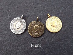 Gold Coin Charm Pendant, Chunky Round Coin Medallion Charms, Side Facing Loop