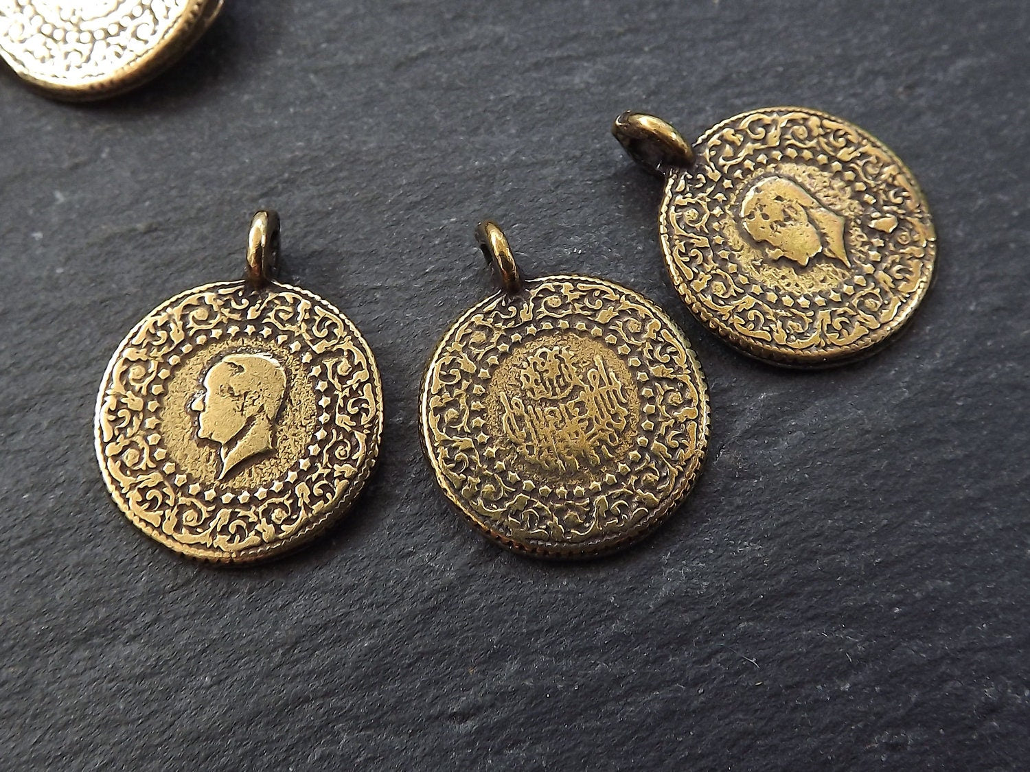 Bronze Coin Charms, Chunky Coin Charms, Thick Coin Charms, Round Coin Charm, Rustic Coin, Coin Pendant, Side Facing Loop, Antique Bronze 3pc