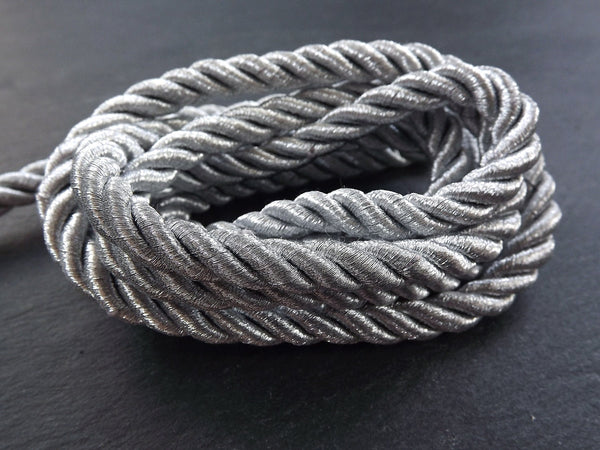 8mm Silver Rope, Metallic Silver Rope, Silver Cord, Twisted Rope, Twisted Cord, Rayon Rope, Braid, 3 Ply Twist - 1 meters - 1.09 Yards