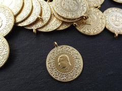 Gold Medallion Pendant, Gold Coin Pendant, Large Medallion, Round Coin Pendant, Rustic Coin, Side Facing Loop, 22k Matte Gold 1pc