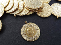 Gold Medallion Pendant, Gold Coin Pendant, Large Medallion, Round Coin Pendant, Rustic Coin, Side Facing Loop, 22k Matte Gold 1pc