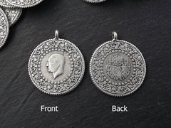 Silver Medallion Pendant, Silver Coin Pendant, Large Medallion, Round Coin Pendant, Rustic Coin