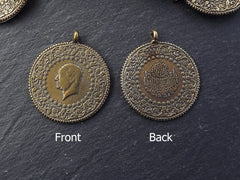 Coin Pendant Charm, Medallion Pendant, Large Medallion, Rustic Replica Coin, Side Facing Loop, Antique Bronze, 1pc