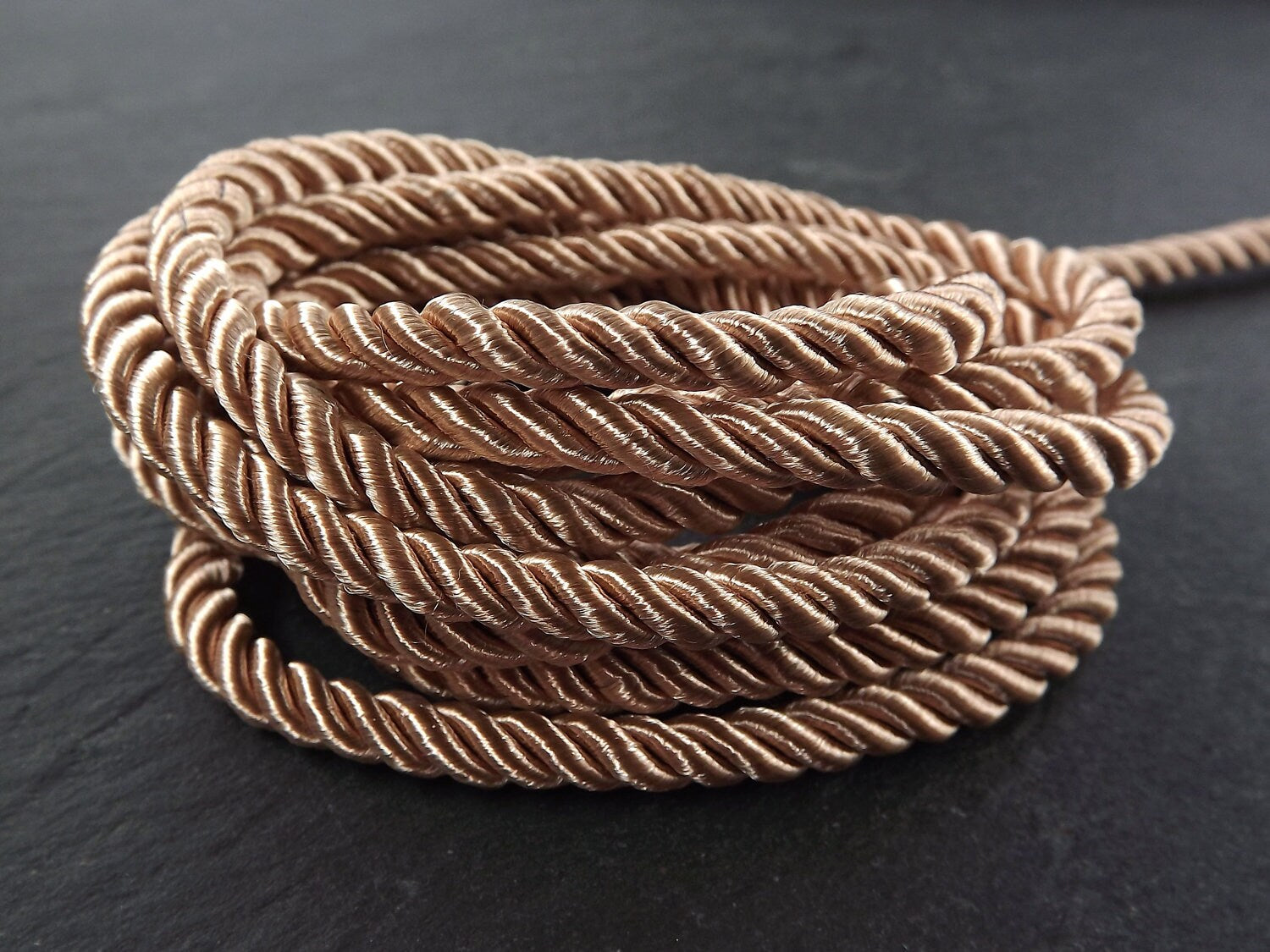 5mm Sepia Beige Rope, Beige, Cord, Twisted Cord, Rayon, Satin, Rope, Silk Braid, Twisted Rope, Sepia - 3 Ply Twist - 1 meters - 1.09 Yards