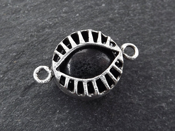 Black Evil Eye Jade Connector Charm, Evil Eye Pendant, Evil Eye Charm, Necklace Pendant, Lucky, Protective, Antique Silver Plated - T2