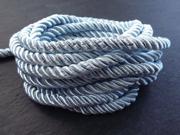5mm Powder Blue Rope, Blue, Cord, Twisted Cord, Rayon, Satin, Rope, Silk Braid, Twisted Rope - 3 Ply Twist - 1 meters - 1.09 Yards