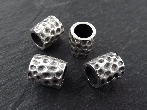 Silver Hammered Beads, Large Barrel Bead Spacer, Dotted Dimple, Metal Beads, Non Tarnish, Matte Antique Silver Plated, 4pc